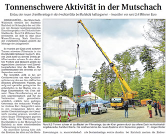 Einbau der neuen Uranfilteranlage in den Hochbehälter bei Karlsholz hat begonnen